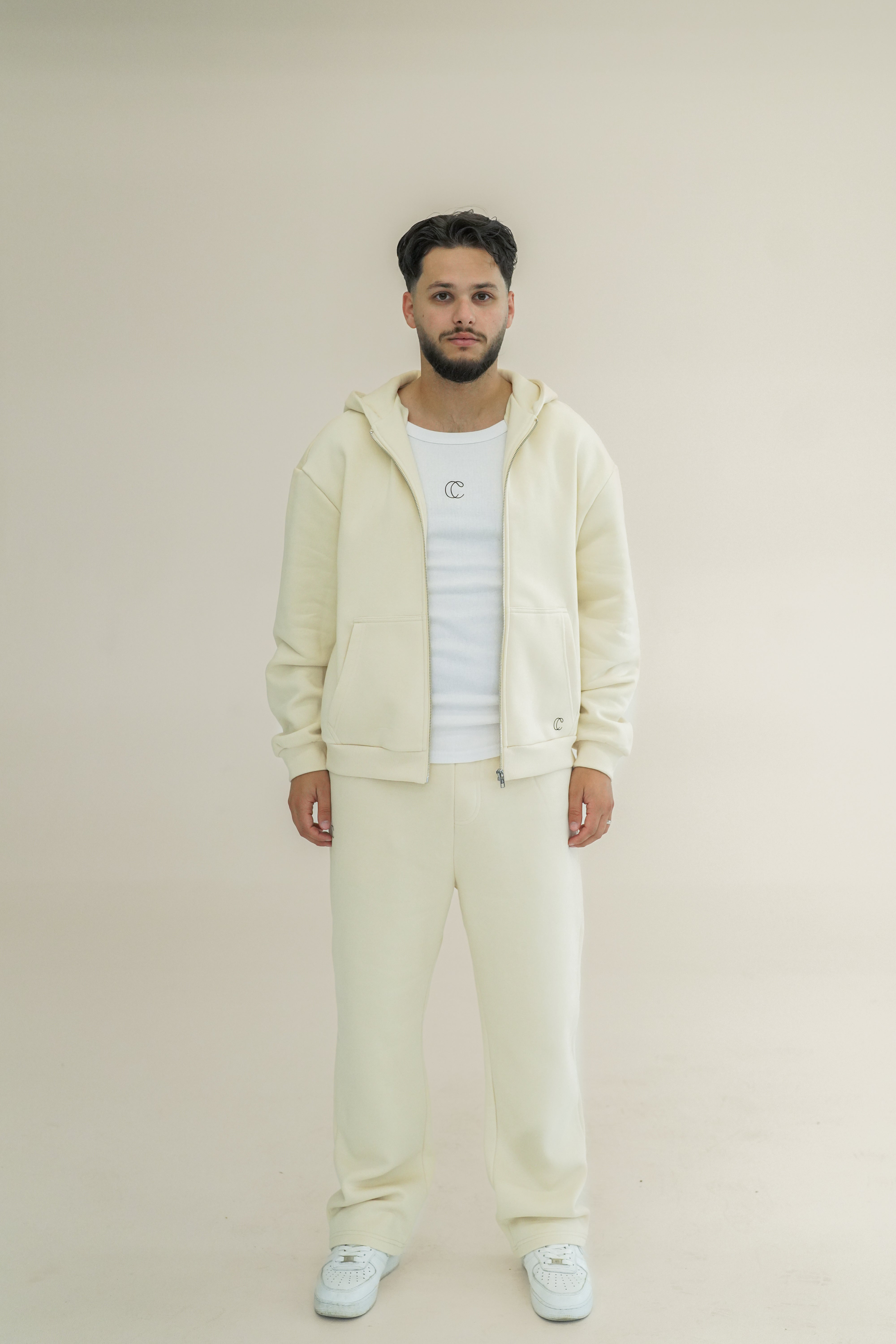 Fluffy Herren Zipper Jogginganzug Creme