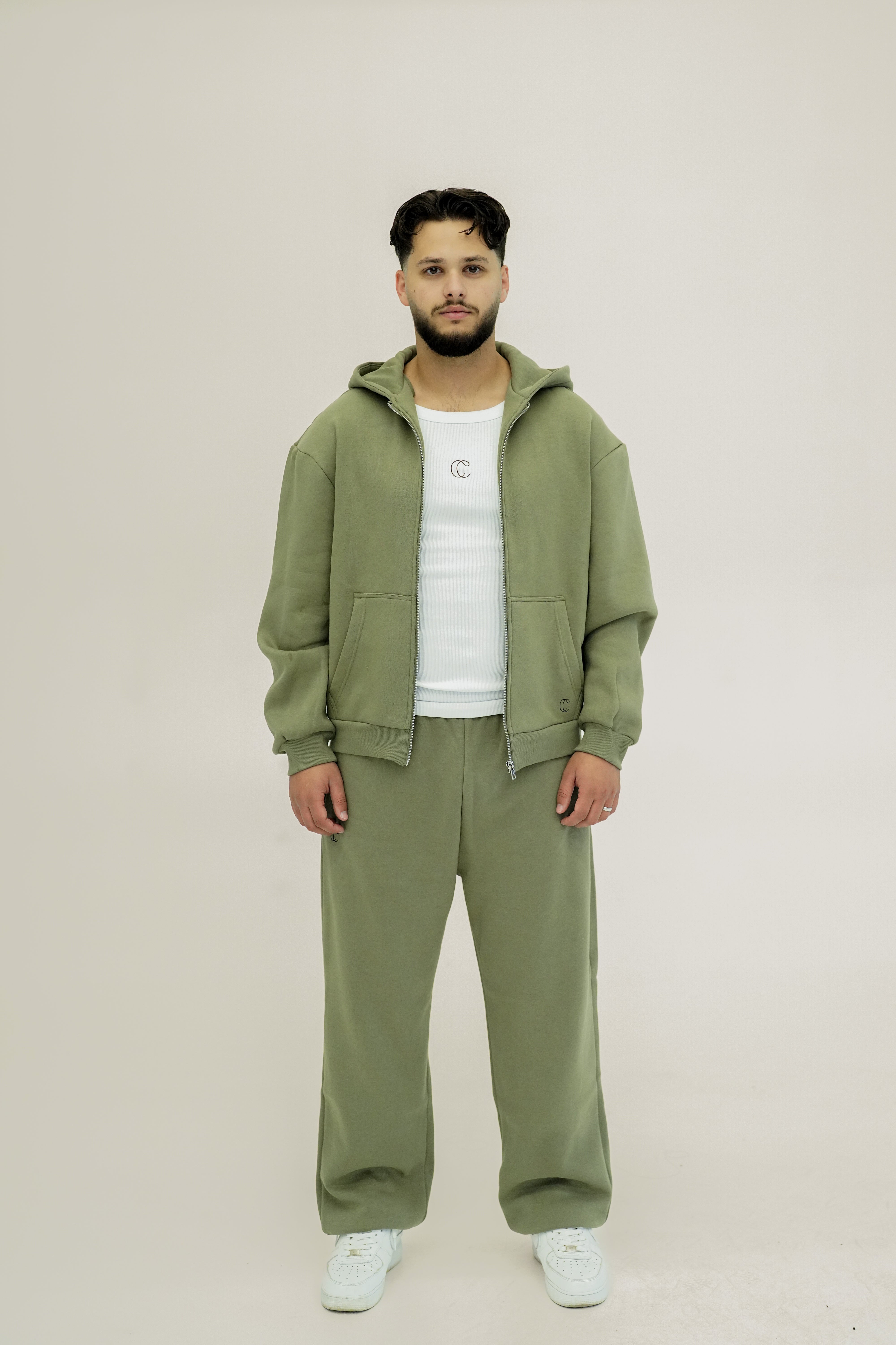 Fluffy Herren Zipper Jogginganzug Olive