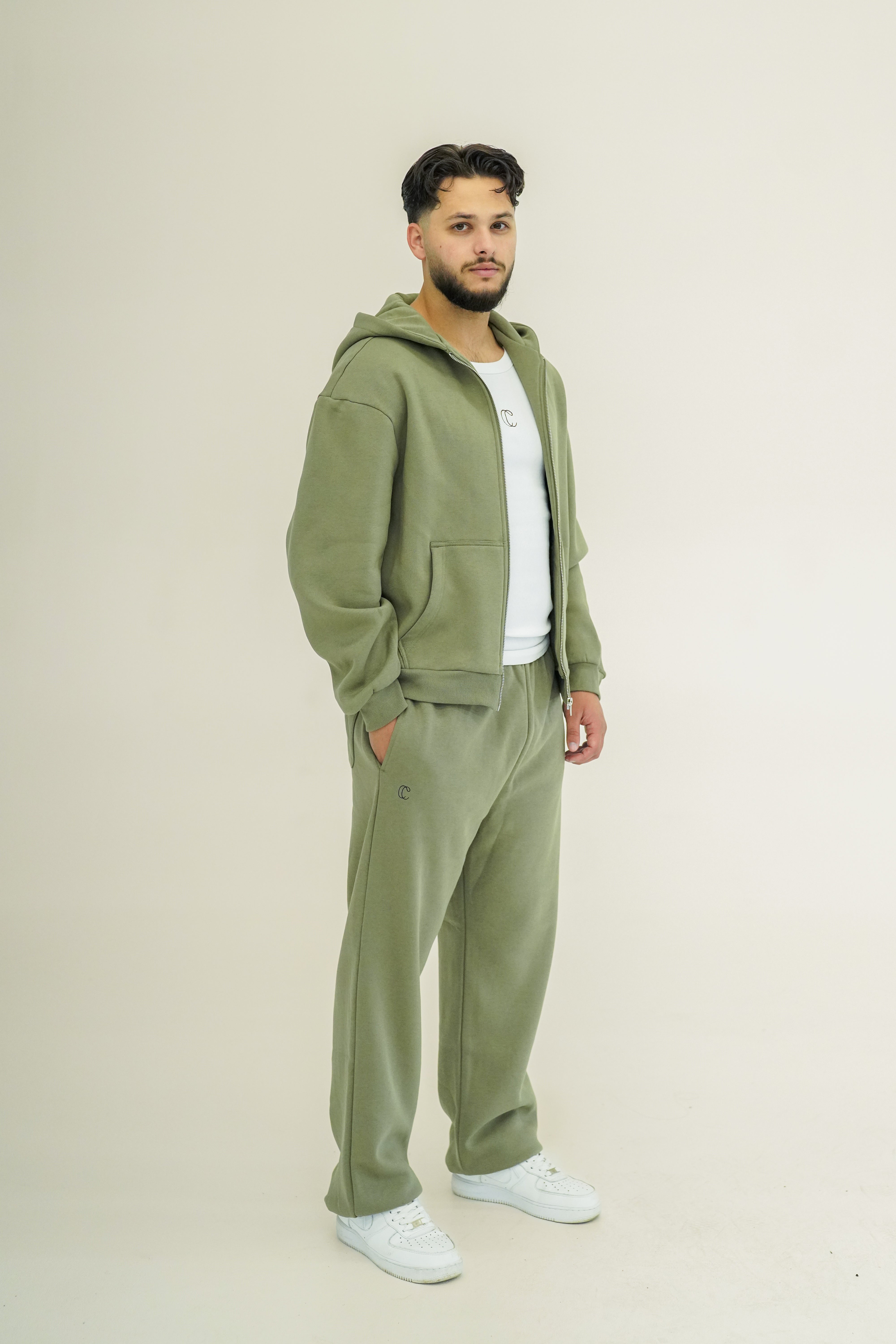 Fluffy Herren Zipper Jogginganzug Olive